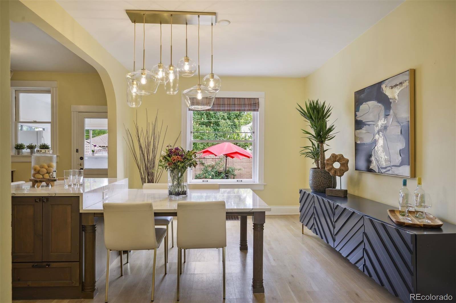 Dining area under pendant lighting