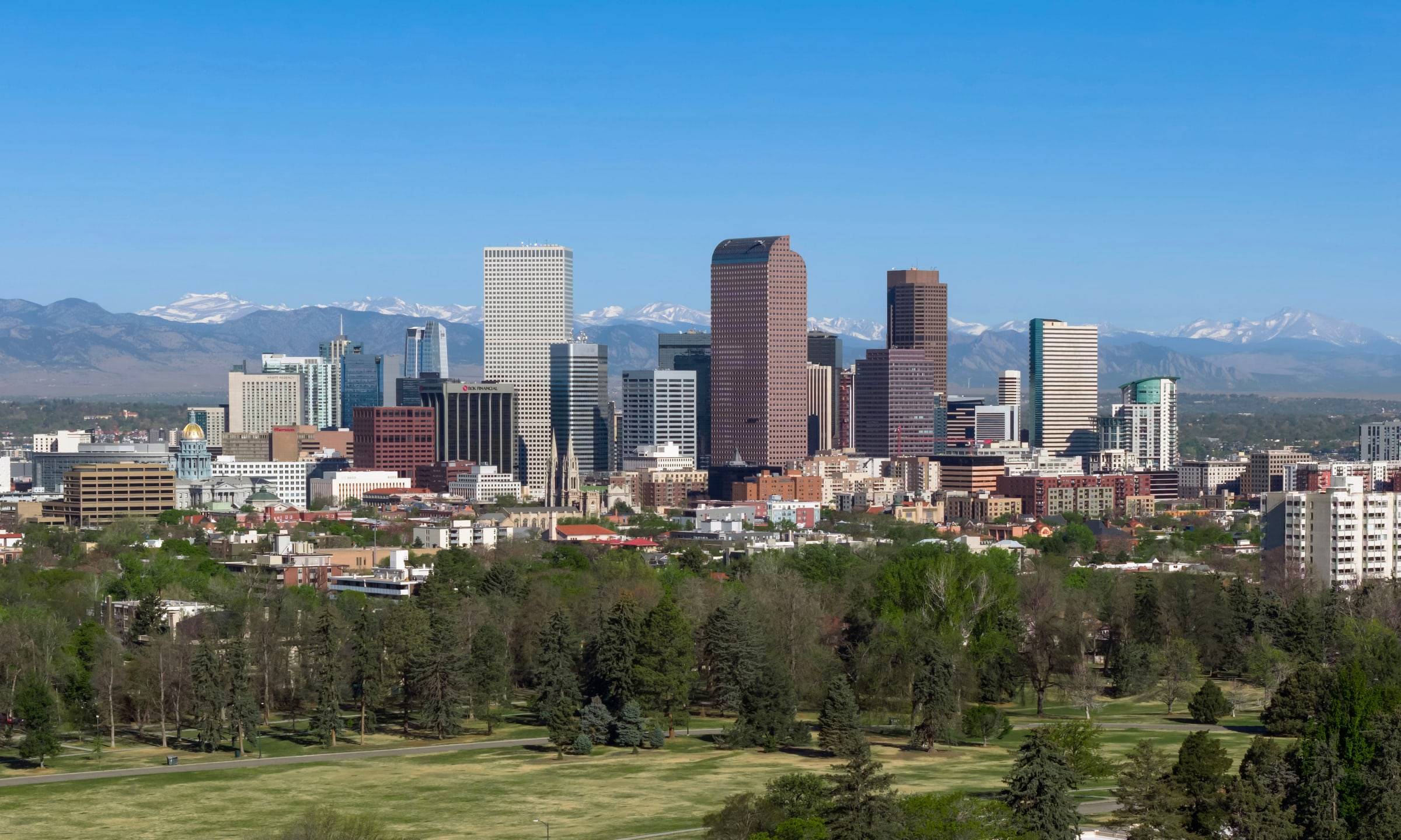 Downtown Denver skyline with the snow-capped Front Range