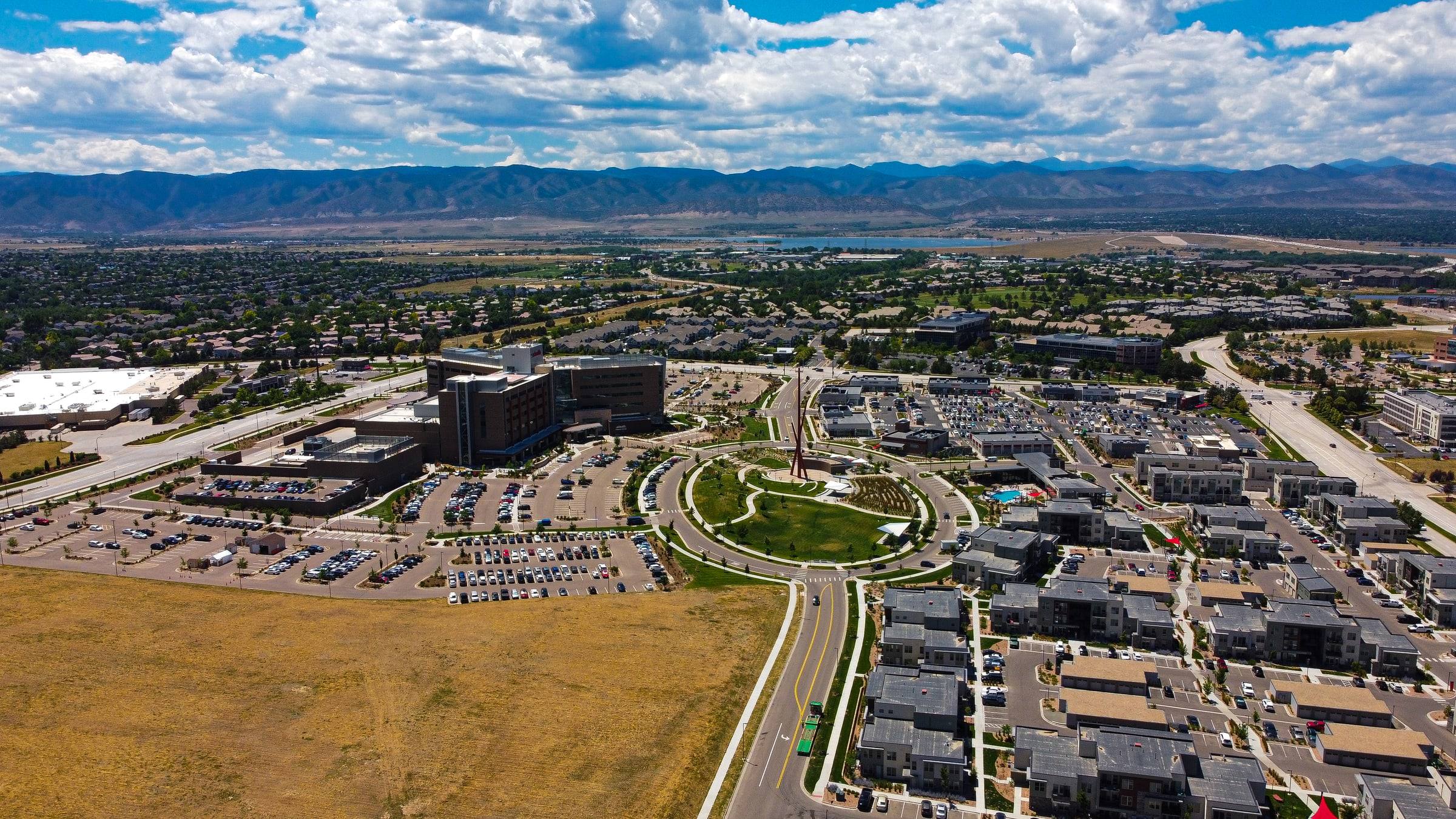 Aerial view over Highlands Ranch toward the foothills
